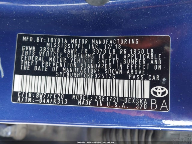 Toyota COROLLA SE 2019 5YFBURHE0KP925176 Image 9