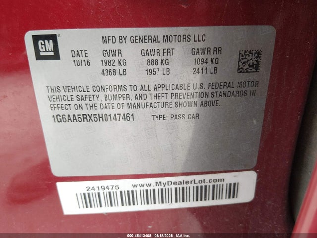 45413408 :رقم المزاد ، 1G6AA5RX5H0147461 vin ، 2017 Cadillac Ats Standard مزاد بيع
