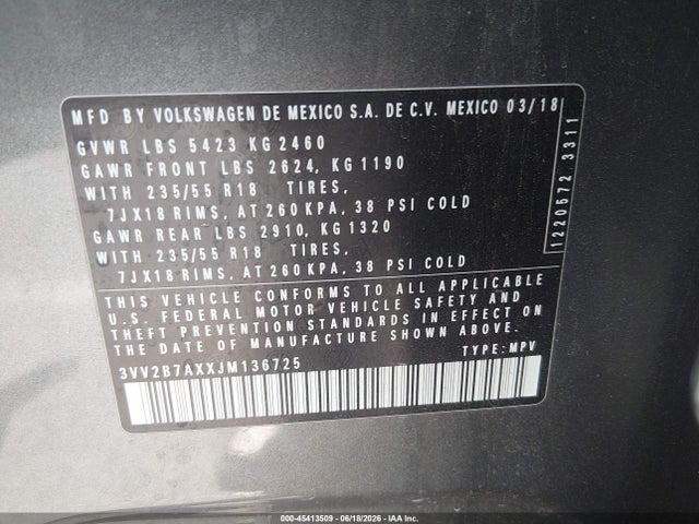 3VV2B7AXXJM136725 Volkswagen Tiguan 2.0t Se/2.0t Sel