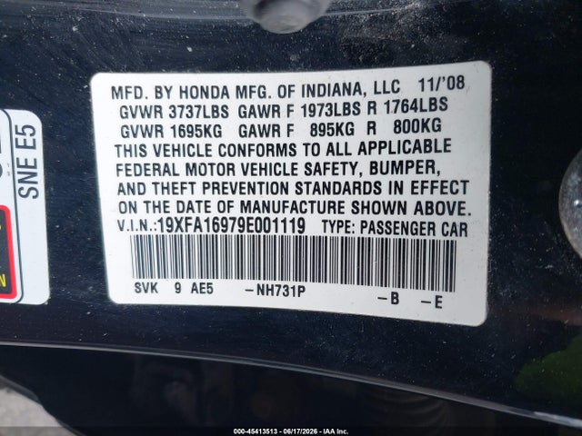 Aukcja sprzedaży 2009 Honda Civic Ex-l, vin: 19XFA16979E001119, numer aukcji: 45413513
