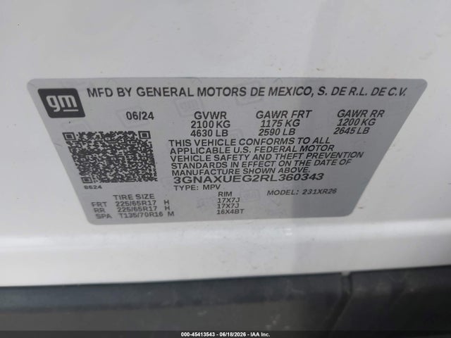 Aukcja sprzedaży 2024 Chevrolet Equinox Awd Lt, vin: 3GNAXUEG2RL360343, numer aukcji: 45413543