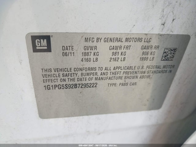 45413547 :رقم المزاد ، 1G1PG5S92B7295222 vin ، 2011 Chevrolet Cruze 2lt مزاد بيع