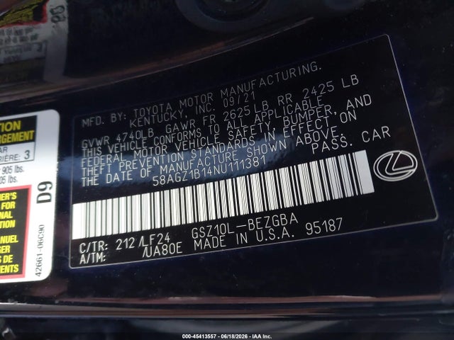2022 Lexus Es 350 F Sport მანქანა იყიდება აუქციონზე, vin: 58AGZ1B14NU111381, აუქციონის ნომერი: 45413557