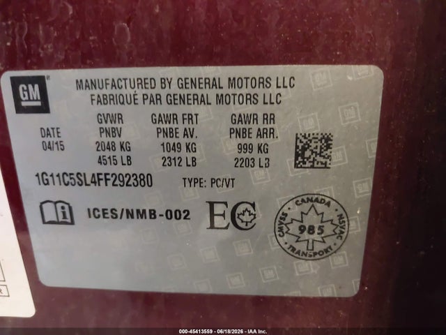 Продаж на аукціоні авто 2015 Chevrolet Malibu 1lt, vin: 1G11C5SL4FF292380, номер лоту: 45413559