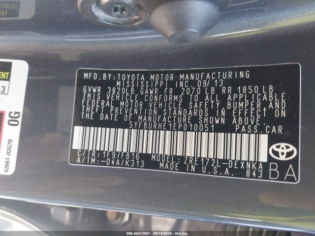 45413567 :رقم المزاد ، 5YFBURHE1EP010051 vin ، 2014 Toyota Corolla Le مزاد بيع
