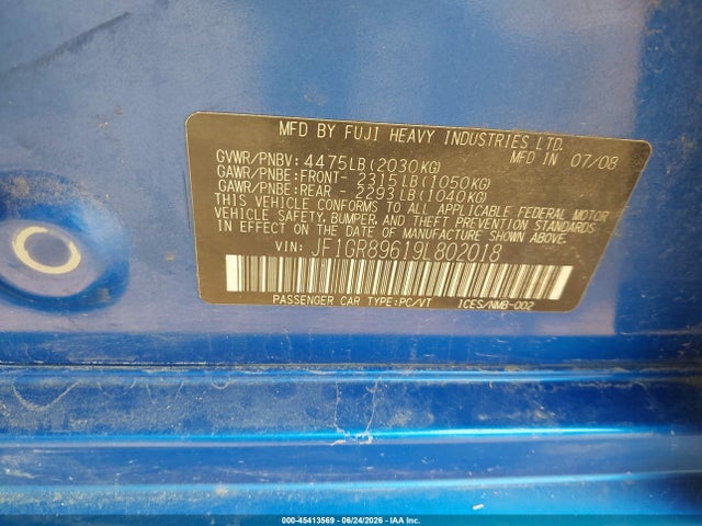 2009 Subaru Impreza Wrx Sti მანქანა იყიდება აუქციონზე, vin: JF1GR89619L802018, აუქციონის ნომერი: 45413569