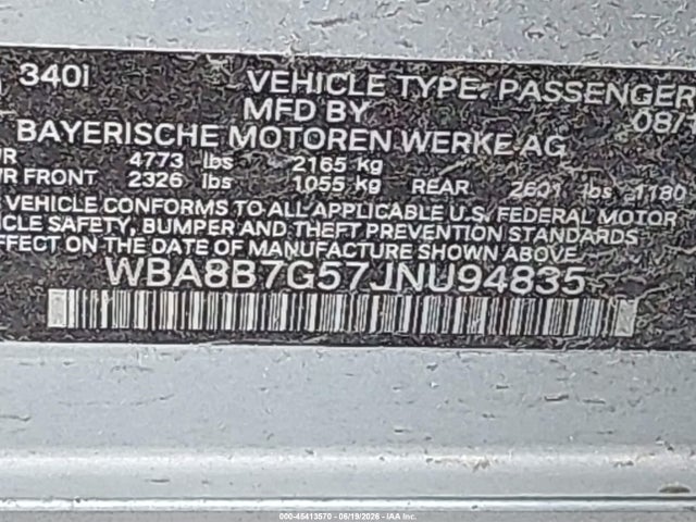 Продажа на аукционе авто 2018 Bmw 340i Xdrive, vin: WBA8B7G57JNU94835, номер лота: 45413570