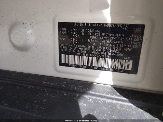 Aukcja sprzedaży 2012 Subaru Outback 3.6r Limited, vin: 4S4BRDKCXC2228248, numer aukcji: 45413572