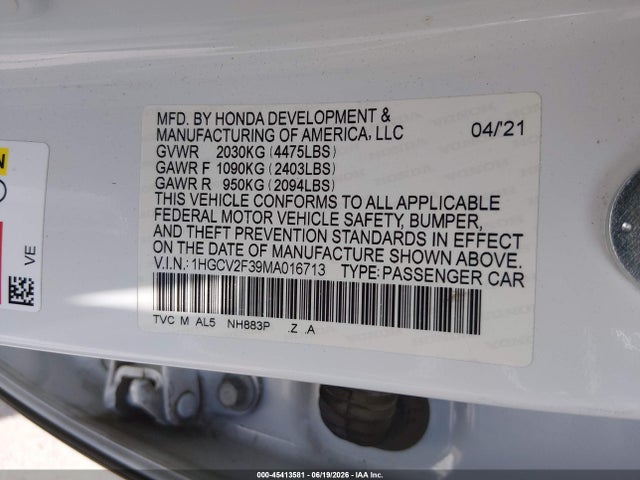 1HGCV2F39MA016713 Honda Accord Sport 2.0t
