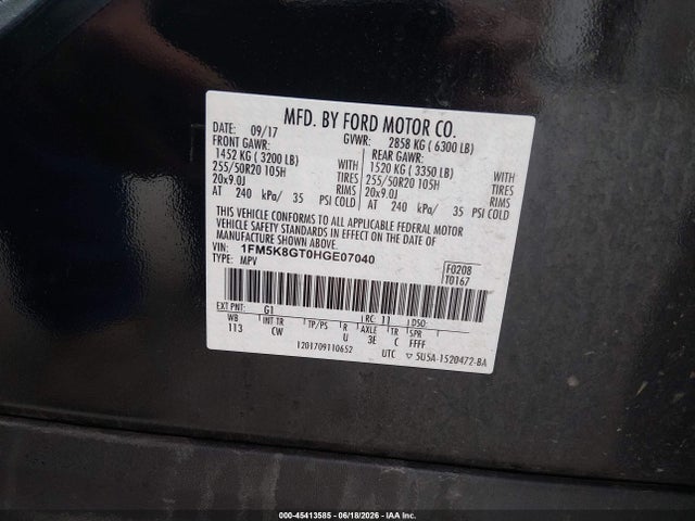 45413585 :رقم المزاد ، 1FM5K8GT0HGE07040 vin ، 2017 Ford Explorer Sport مزاد بيع