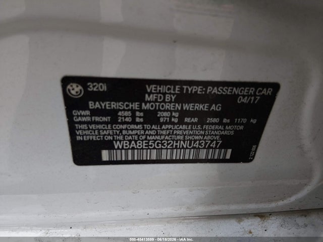 45413599 :رقم المزاد ، WBA8E5G32HNU43747 vin ، 2017 Bmw 320i Xdrive مزاد بيع