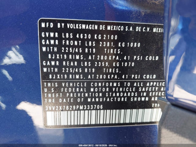 2023 Volkswagen Taos 1.5t Sel მანქანა იყიდება აუქციონზე, vin: 3VV2X7B29PM333706, აუქციონის ნომერი: 45413612