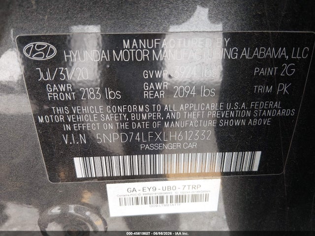 5NPD74LFXLH612332 Hyundai ELANTRA SE