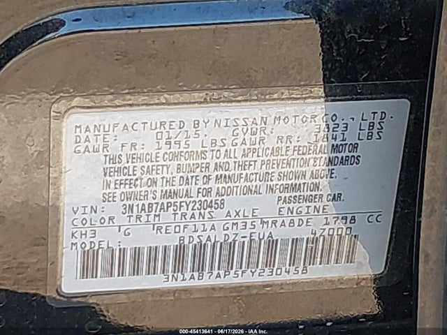 Aukcja sprzedaży 2015 Nissan Sentra Fe+ S/s/sl/sr/sv, vin: 3N1AB7AP5FY230458, numer aukcji: 45413641