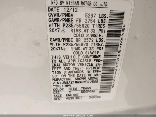 Aukcja sprzedaży 2013 Nissan Murano Le, vin: JN8AZ1MWXDW312509, numer aukcji: 45413648