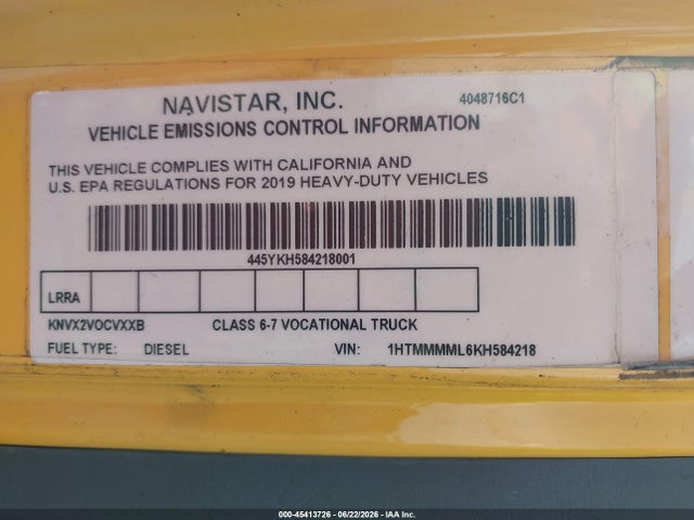 45413726 :رقم المزاد ، 1HTMMMML6KH584218 vin ، 2019 International Durastar 4300 مزاد بيع