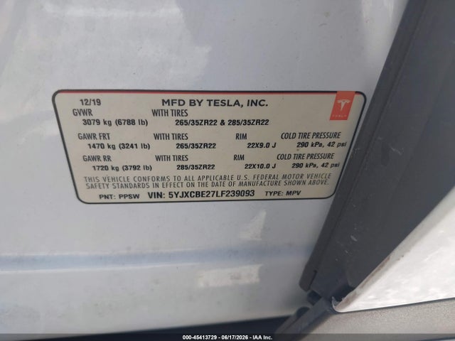 Продаж на аукціоні авто 2020 Tesla Model X, vin: 5YJXCBE27LF239093, номер лоту: 45413729