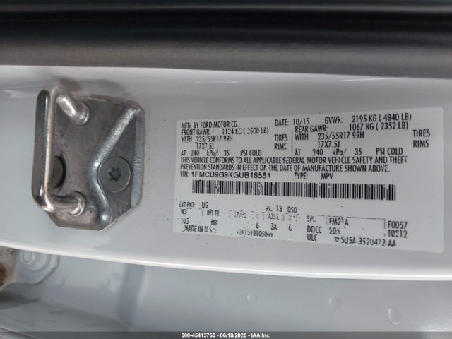 Aukcja sprzedaży 2016 Ford Escape Se, vin: 1FMCU9G9XGUB18551, numer aukcji: 45413760