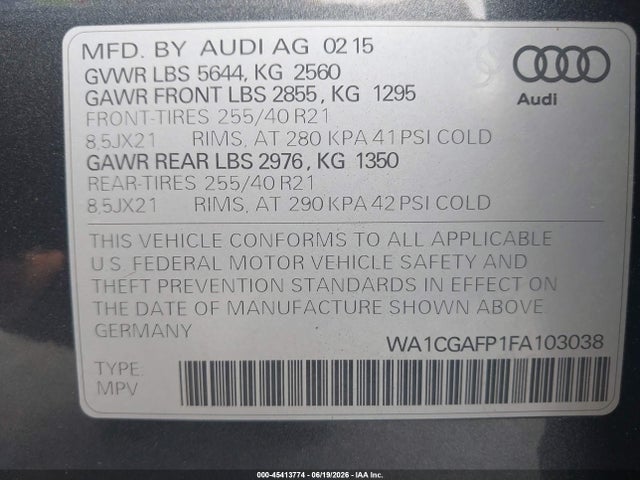 Продажа на аукционе авто 2015 Audi Sq5 3.0t Premium Plus, vin: WA1CGAFP1FA103038, номер лота: 45413774