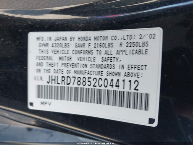 Auction sale of the 2002 Honda Cr-v Ex, vin: JHLRD78852C044112, lot number: 45413910