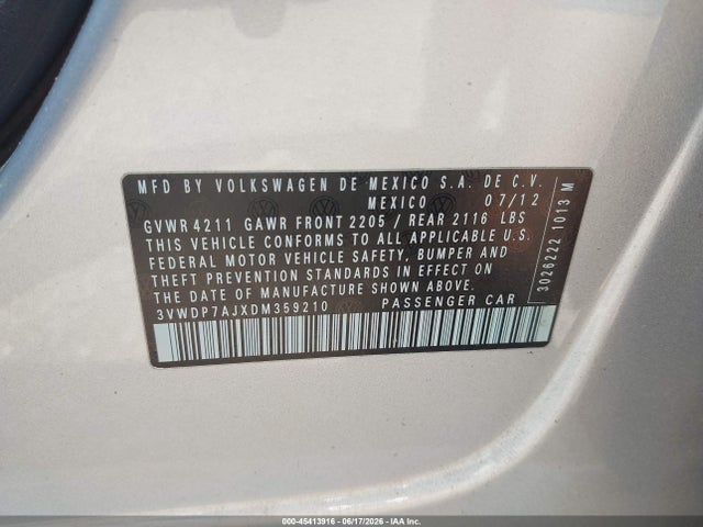 2013 Volkswagen Jetta 2.5l Se მანქანა იყიდება აუქციონზე, vin: 3VWDP7AJXDM359210, აუქციონის ნომერი: 45413916