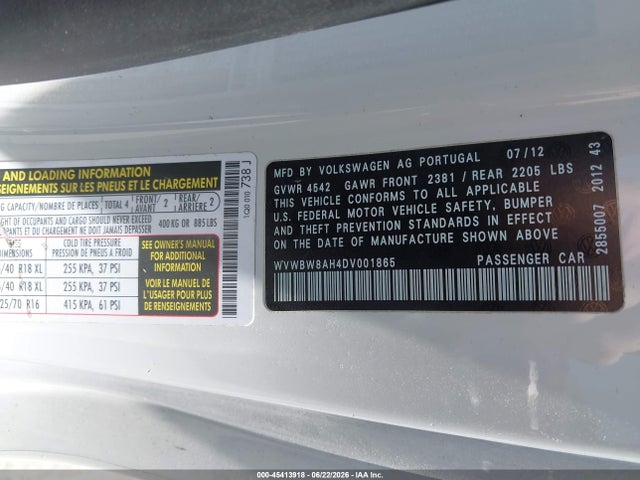 Aukcja sprzedaży 2013 Volkswagen Eos Sport, vin: WVWBW8AH4DV001865, numer aukcji: 45413918