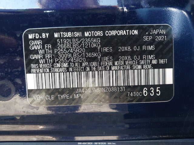 Продажа на аукционе авто 2022 Mitsubishi Outlander Black Edition S-awc/se 2.5 S-awc/se Launch Edition S-awc, vin: JA4J4UA83NZ038131, номер лота: 45413928