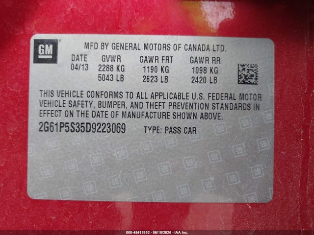 45413952 :رقم المزاد ، 2G61P5S35D9223069 vin ، 2013 Cadillac Xts Luxury مزاد بيع