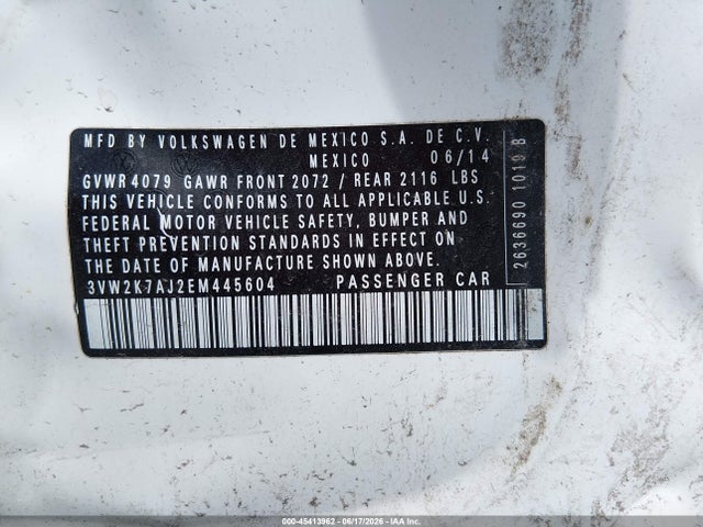 2014 Volkswagen Jetta 2.0l S მანქანა იყიდება აუქციონზე, vin: 3VW2K7AJ2EM445604, აუქციონის ნომერი: 45413962