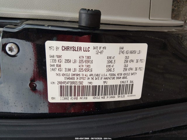 45413966 :رقم المزاد ، 2A8HR54P38R651582 vin ، 2008 Chrysler Town & Country Touring مزاد بيع