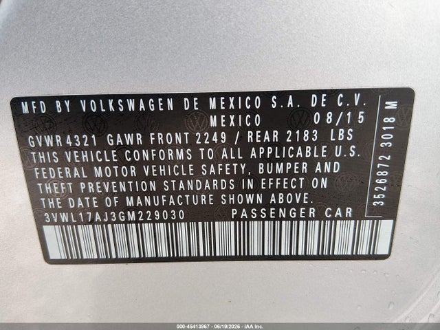Продаж на аукціоні авто 2016 Volkswagen Jetta 1.8t Sel, vin: 3VWL17AJ3GM229030, номер лоту: 45413967