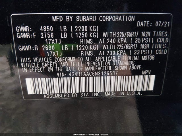 4S4BTAAC6N3126587 Subaru Outback