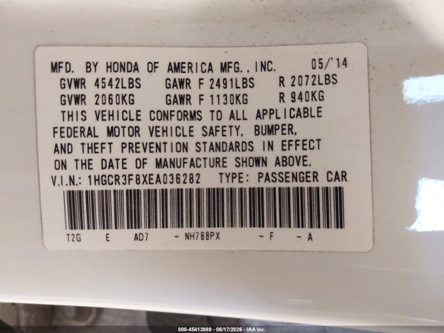 1HGCR3F8XEA036282 Honda Accord Ex-l V-6