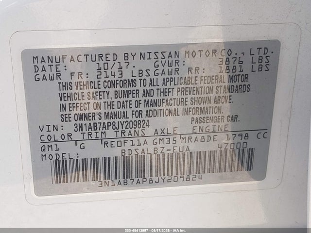Продаж на аукціоні авто 2018 Nissan Sentra S, vin: 3N1AB7AP8JY209824, номер лоту: 45413997