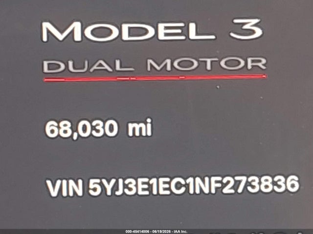 Aukcja sprzedaży 2022 Tesla Model 3 Performance Dual Motor All-wheel Drive, vin: 5YJ3E1EC1NF273836, numer aukcji: 45414006