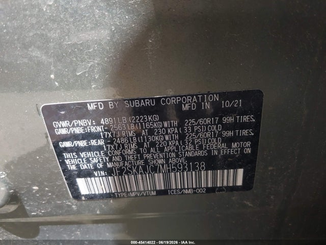 45414022 :رقم المزاد ، JF2SKAJC7MH593138 vin ، 2021 Subaru Forester Premium مزاد بيع