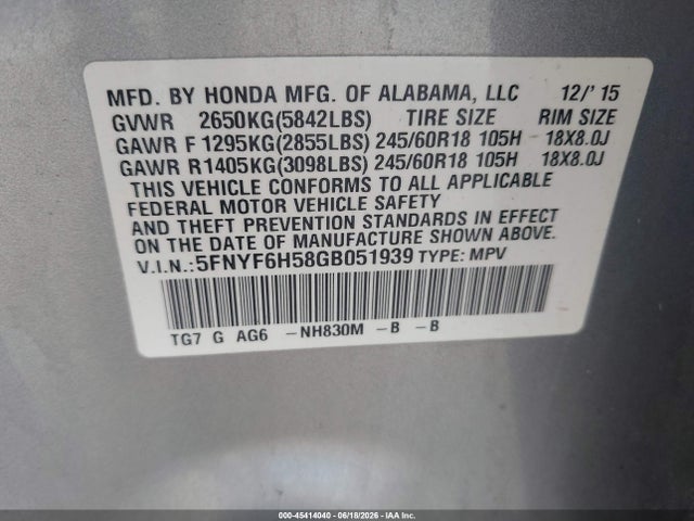 45414040 :رقم المزاد ، 5FNYF6H58GB051939 vin ، 2016 Honda Pilot Ex-l مزاد بيع