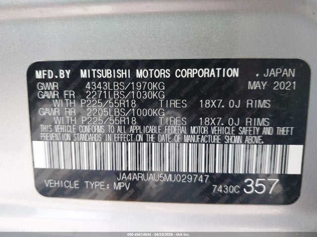 45414044 :رقم المزاد ، JA4ARUAU5MU029747 vin ، 2021 Mitsubishi Outlander Sport 2.0 Be Awc/2.0 Es Awc/2.0 Le Awc/2.0 Se Awc مزاد بيع