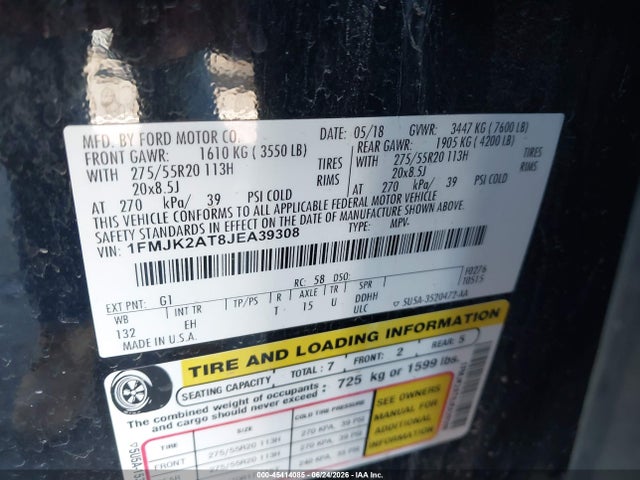 2018 Ford Expedition Max Limited მანქანა იყიდება აუქციონზე, vin: 1FMJK2AT8JEA39308, აუქციონის ნომერი: 45414085