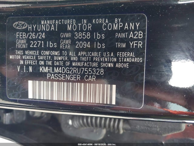 Продажа на аукционе авто 2024 Hyundai Elantra Sel, vin: KMHLM4DG2RU755328, номер лота: 45414096