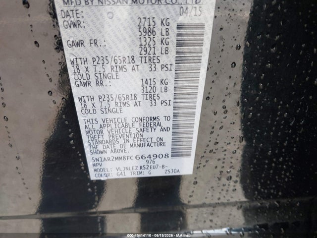 5N1AR2MM8FC664908 Nissan Pathfinder Platinum/s/sl/sv