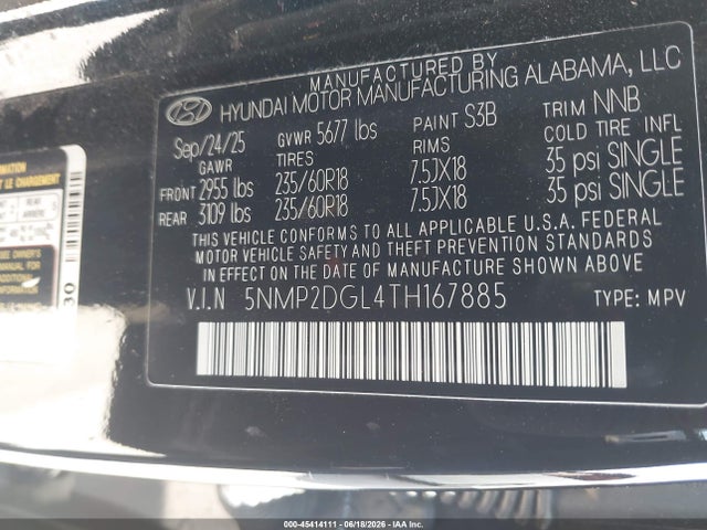 2026 Hyundai Santa Fe Sel მანქანა იყიდება აუქციონზე, vin: 5NMP2DGL4TH167885, აუქციონის ნომერი: 45414111
