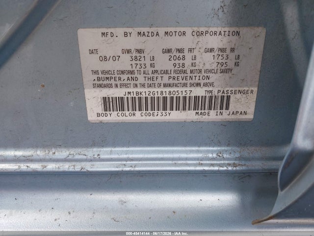 Продаж на аукціоні авто 2008 Mazda Mazda3 I Sport, vin: JM1BK12G181805157, номер лоту: 45414144