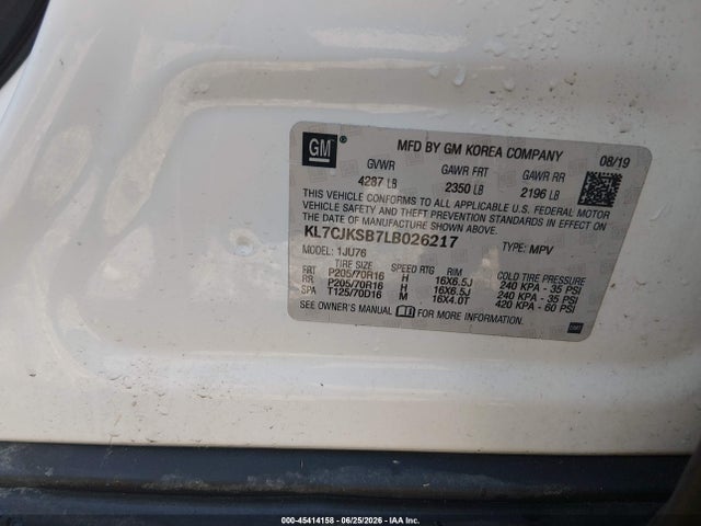 Aukcja sprzedaży 2020 Chevrolet Trax Fwd Ls, vin: KL7CJKSB7LB026217, numer aukcji: 45414158