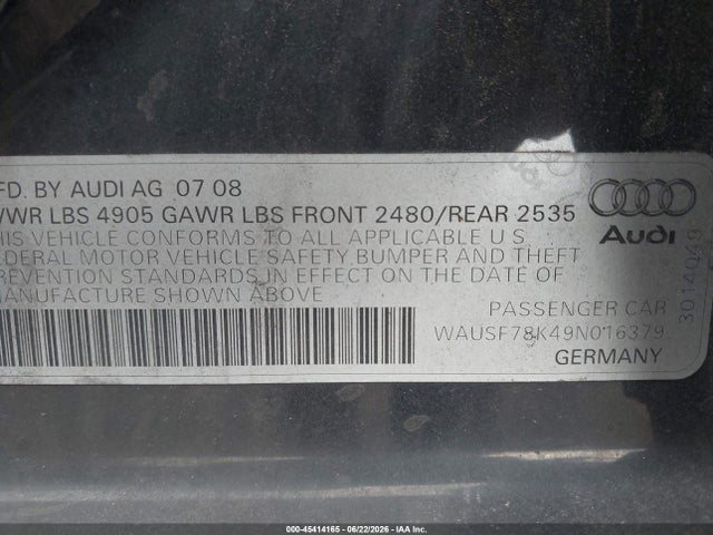 45414165 :رقم المزاد ، WAUSF78K49N016379 vin ، 2009 Audi A4 2.0t Premium مزاد بيع