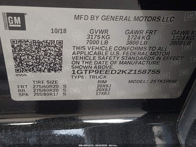 Aukcja sprzedaży 2019 Gmc Sierra 1500 At4, vin: 1GTP9EED2KZ158755, numer aukcji: 45414174