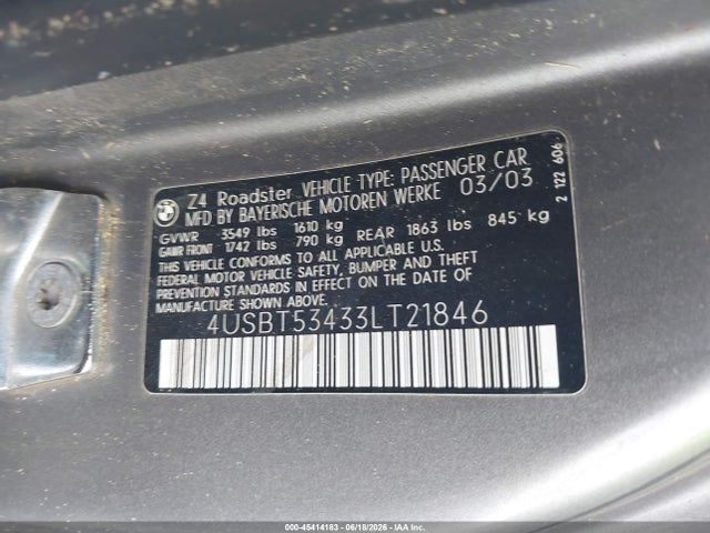 Продажа на аукционе авто 2003 Bmw Z4 3.0i, vin: 4USBT53433LT21846, номер лота: 45414183