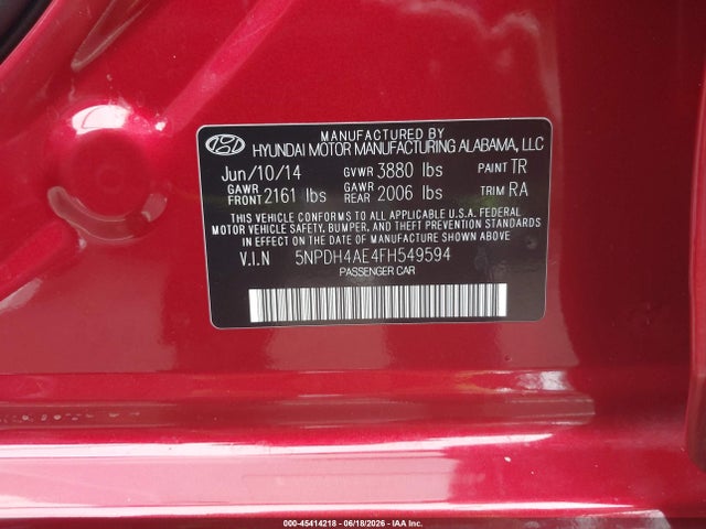 5NPDH4AE4FH549594 Hyundai ELANTRA SE