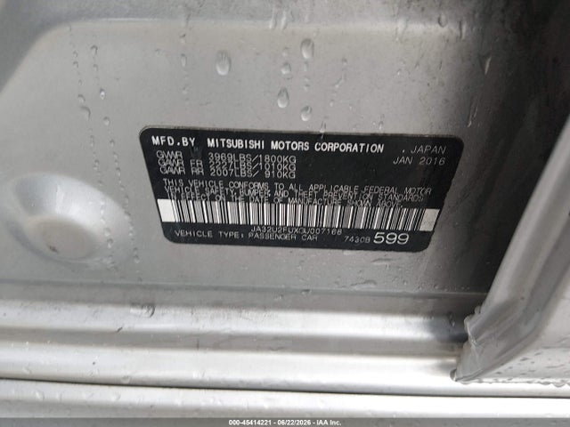 Aukcja sprzedaży 2016 Mitsubishi Lancer Es, vin: JA32U2FUXGU007168, numer aukcji: 45414221