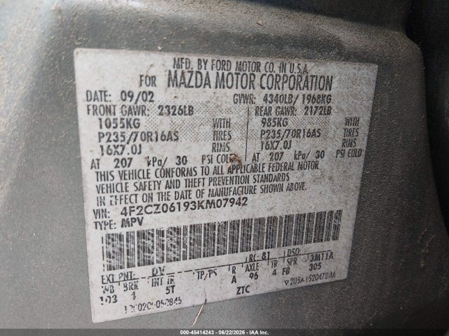 Aukcja sprzedaży 2003 Mazda Tribute Es V6, vin: 4F2CZ06193KM07942, numer aukcji: 45414243